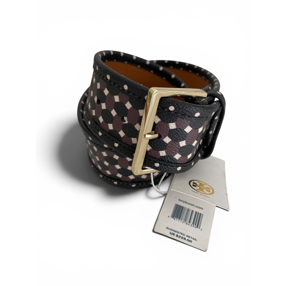 Tory Burch Haber Printed Belt Womens Small Java Multi Geometric Gold Tone Buckle